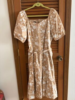 Talbots Cream and Tan Floral Midi Dress with Puff Sleeves